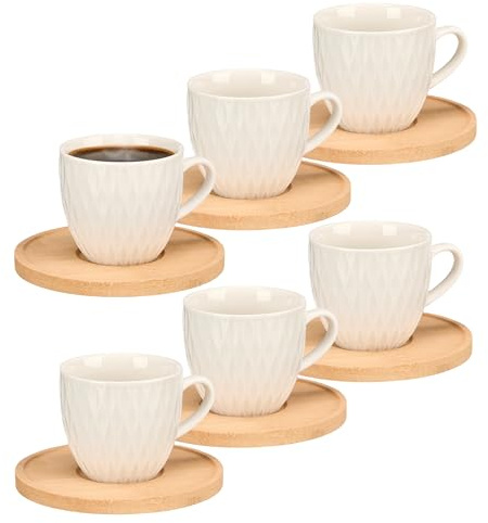 Annastore Espressotassen 6er Set Porzellan - 90 ml | Mit Bambus Untertellern, modernes Design, kleines Kaffee Service