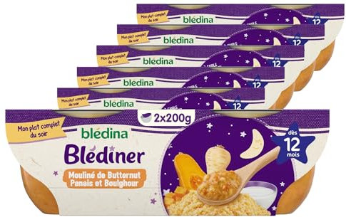 Blédina - Blédîner - 12 bols Mouliné de Potiron Panais Boulghour - Pour le repas du soir de bébé dès 12 mois (Pack de 6x2)