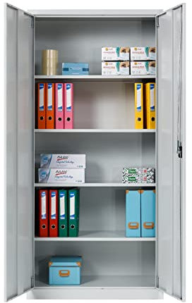 furni24 Aktenschrank, fertig montiert, 195x120x42cm, Stahlflügeltürschrank Materialschrank, Abschließbarer Spind, Aktenschrank mit 5 Fächern, Werkzeugschrank, Mehrzweckschrank, Universalschrank, grau