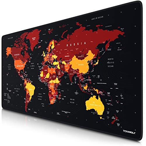 TITANWOLF – XXL Gaming Mauspad 900x400 mm - Tischunterlage Mousepad groß - Präzision und Geschwindigkeit - Gummiunterseite - rutschfest strapazierfähig wasserabweisend – Weltkarte schwarz rot