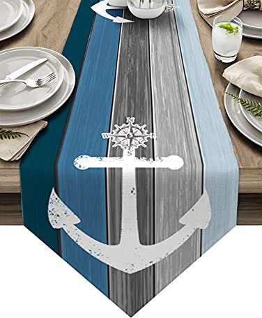 Table Runner 36 Inch Long Nautical Anchor Dresser Scarves Runner for Table Vintage Wood Grain Gray and Blue Decorative Runners for Holiday Gatherings, Dinner,Outdoor or Indoor Parties, 13x36 inch
