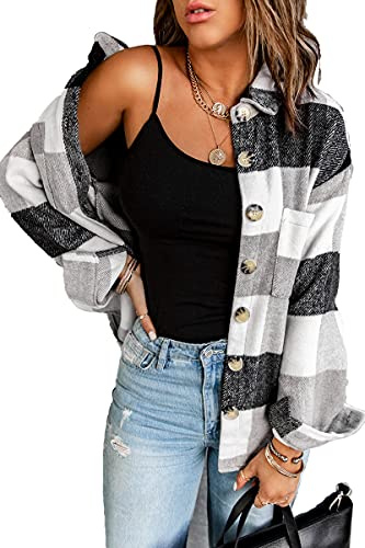 HVEPUO Chemise à Carreaux Veste Femme Manches Longues Chemises Flanelle Boutons Shacket, C-Gris, S