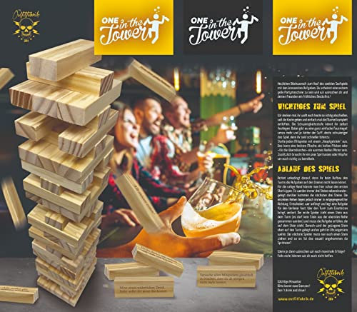 Outfitfabrik Holz-Stapel-Spiel One in The Tower - Trinkspiel, 48 Holzsteine mit lustigen Fragen und Aufgaben zum Thema Alkohol/Trinken/Feiern