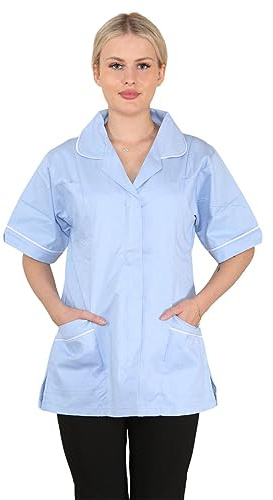 Womens Tunic Shirt Ladies Healthcare Doctor Nurse NHS Hospital Clinic Beauty Salon Vet WorkWear Short Sleeves Tunics Medical Uniform Carers Casual Blouse Maid Dress Top Lapel Collar(Sky Blue, 18)