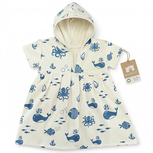 Windelbär Baby Badeponcho Aus 100 Prozent Bio Baumwolle Kapuzenhandtuch Mit Ärmeln GOTS OEKO TEX Fische Wale Blau Gr 62 68