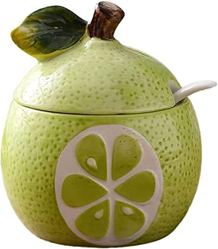 KNBG Keramik-Zuckerdose in Obstform, Salztopf, Pfeffer, Vorratsdose mit Deckel und Löffel, Gewürzbox, Gewürztöpfe (grüne Pomelo)