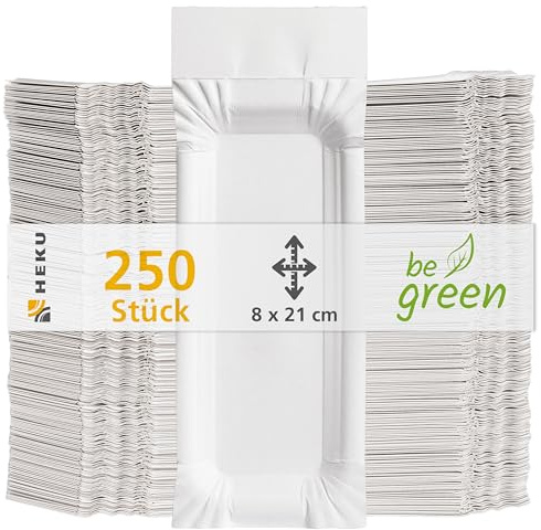 HEKU be green - 250 umweltfreundliche Pappteller mit Anfasser, 21x8cm I Kompostierbar I Perfekt für Grillpartys, Picknicks und Feiern I Nachhaltiges Einweggeschirr, Weiß