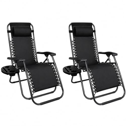 1ABOVE 2 PK Folding Reclining Chair | Heavy Duty Textoline Zero Gravity Chair | Garden Outdoor Patio Sun Lounger (BLACK 2 PK)