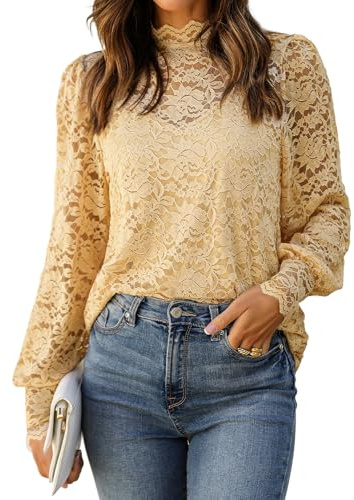 HOTOUCH Lace Tops for Women Long Sleeve Blouses Mock Neck Dressy Going Out Tops Lantern Sleeve Sheer Party Shirt Beige M