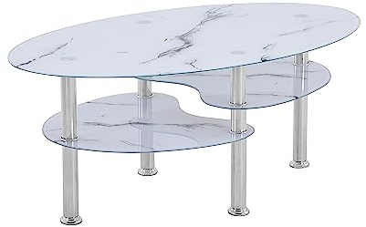 HOOZ Couchtisch Glas mit 8mm Sicherheitsglas & Facettenschliff - Glastisch perfekt geeignet als Beistelltisch/Wohnzimmertisch (98x58x42 cm) (Marmor weiß mit Ablage)
