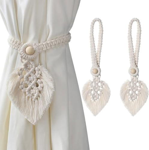 BZKSER Vorhanghalter - 2 Stück, Baumwolle, Polyester, Weiß, Boho Vorhang Clips, Feder Gardinenklammern für Vorhänge, Deko, Raffhalter
