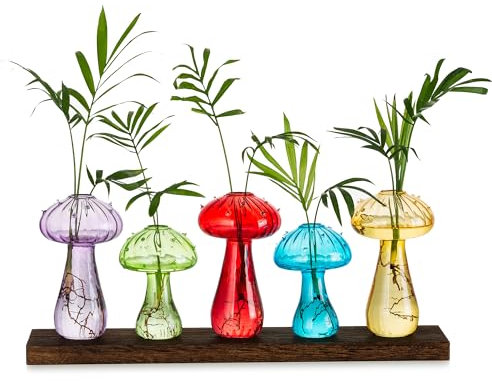 Glasseam Mushroom Flower Vase, Glass Vases for Flowers Set of 5, Modern Propagation Station with Wood, Bud Vases for Decor, Coloured Plant Terrarium Jar Cute Vase for Office Table Chic Gifts for Women