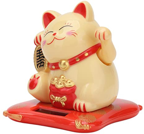 Gsycle Gato De La Suerte, Maneki Neko Gato Que Saluda Gato De La Suerte Japonés Blanco con Brazo Que Agita Gato De La Fortuna con Energía Solar Buena Suerte Riqueza Gato De Bienvenida(Oro)