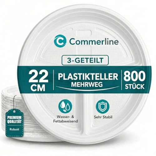 Commerline Plasttallrikar | 800 Stycken 3-delad | Återanvändbara Ø 22 cm Plasttallrikar | Partytallrik Partytjänst Plastbordstallrikar Diskmaskinssäkra