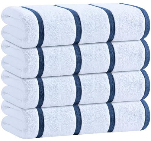 White Classic Cotton Pool Towels Oversized 30 x 60 Inches, Ultra Absorbent and Low Lint Striped Beach Towels for Adults, Stripes Design Luxury Extra Large Bath Towels, Navy Blue, 4 Pack