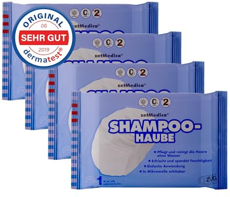 ZVG zetMedica® 4x Einweg Shampoo Hauben - Shampoohaube - Wasserlose Haarwäsche - Medizinische Qualität - Dermatest zertifiziert und Hautverträglich - Inklusive Trocknungslappen (4 Stk.)