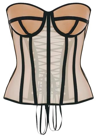 WS Waist Secrets Perfect Corset NYC OVERBUST Mesh Corset Top Lace up with 15 Steel Boned (Color Beige, S)