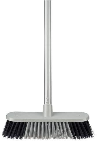 HOMESHOPA Heavy Duty Outdoor Broom Stiff Bristle Round Edge Brush Head with Handle, Silver Hard Bristle Yard Brush Floor Scrubbing Cleaning Gardens Driveways Wood Stone Tile Leaves Lawn