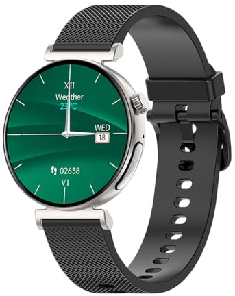 Knauermann PRO 3 Mini (2024) Silber - Gesundheitsuhr Smartwatch mit Telefoniefunktion - EKG + HRV und SOS Funktion - AMOLED Display - BT Bluetooth - Schlafapnoe - Silikonband Schwarz, 14-24, rund