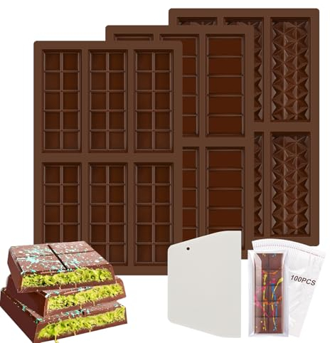 3 Stück Schokoladenform, Schokoladenform tief,schokoladenform silikon, Mit Abstreifer und 100 Stück Beutel, Antihaftbeschichtung Schokoladentafel Form für Schokolade Praline Süßigkeiten