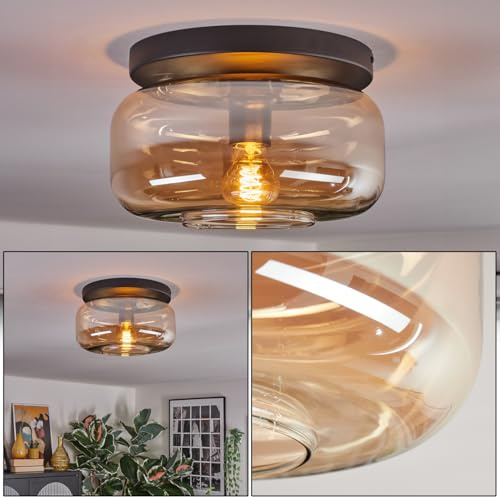 HOFSTEIN Deckenleuchte Boza, 1-flammige Deckenlampe aus Metall/Glas in Schwarz/Bernsteinfarben, moderne Leuchte im Retro/Vintage-Design (Schirm Ø 28 cm), E27, Esszimmer, Wohnzimmer, Küche, Flur