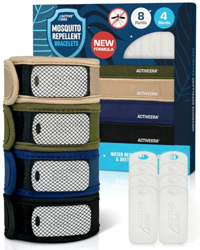 Active Era Mosquito Repellent Bracelets & Refill Bundle, DEET Free Natural Insect Repellent - Family Holiday & Camping Essentials, 4 Bracelets & 8 Refills (black, navy, sand & khaki)