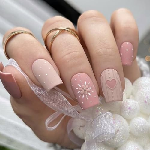 Ceboic 24 Pcs Weihnachten Press on Nails Kurz Eckig, Rosa Künstliche Nägel French Nägel Zum Aufkleben mit 3D Schneeflocken Liebe Design, Acryl Full Cover Fingernägel Kunstnägel Fake Nails für Frauen