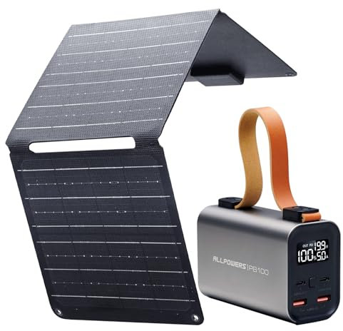 ALLPOWERS PB100 Powerbank avec panneau solaire pliable SP001 21 W, batterie externe 24000 mAh avec sortie USB-C 100 W, chargeur portable avec affichage numérique, lumière LED, batterie de charge