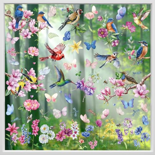 Spring Window Clings, Hianjoo 9 Sheets Spring Glass Stickers, Bird Branches, Flowers, Butterflies, Spring Static Stickers