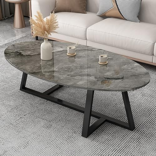 LHXLSH Couchtisch, Oval Wohnzimmertisch, Marmor Modern, Metallrahmen, für Wohnzimmer, Schlafzimmer, Grau, 100 x 50 cm (Schwarz)