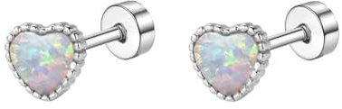 18G Opal Heart Love Flat Screw Back Small Stud Earrings for Women Girls Minimalist Cute Surgical Stainless Steel Little Glitter Hearted Cartilage Tragus Piercing Sleeper Studs Hypoallergenic (White)