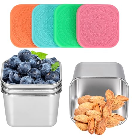 KENTROON 4pcs Small Snack Box,Stainless Steel Food Storage Containers for Snack Salad Nuts,Leak-proof&Reusable Metal Storage Containers with Silicone Lids for Kids,School,Travel,Camping,BBQ,BPA free