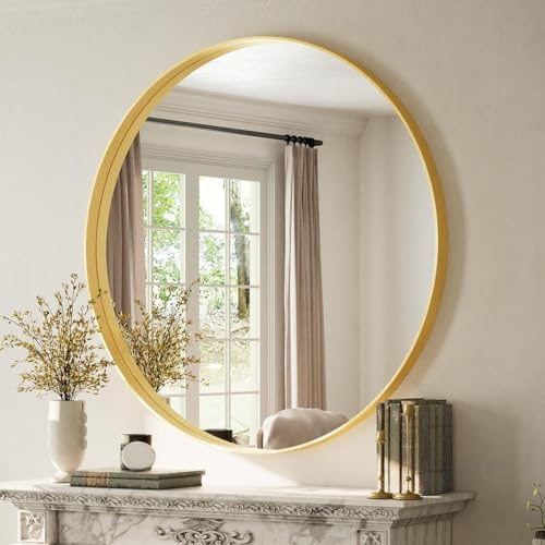 Koonmi runder Wandspiegel 120 cm, tiefer Metallrahmen, Gold