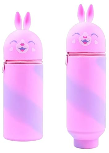 Aethryon Trousse d'écolier 2 en 1 en silicone souple, trousse à crayons Kawaii, trousse à crayons de dessin animé, porte-stylo de table, trousse à crayons debout, Lapins colorés, dessin animé