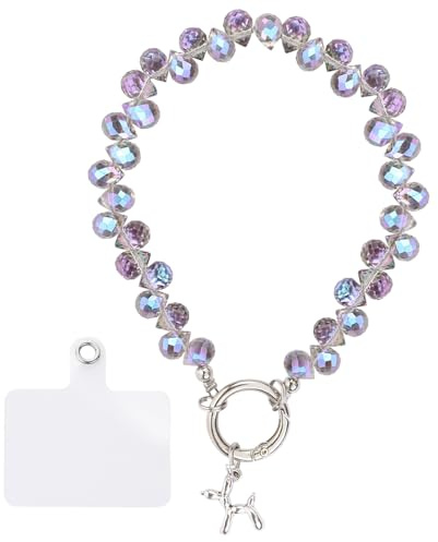 LALASTYLE Purple Crystal Phone Charm,Sparkling Crystal Phone Wristlet Anti-Lost Lanyard,Bling Beads Strap Wrist Chain,Puppy Keychain Bag Decro