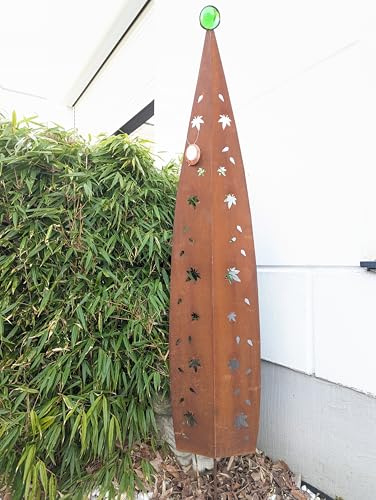 Zen Man Edelrost Gartenstecker Skulptur aus Metall, Glaskugel 6cm Grün, Rost H150cm, 032219