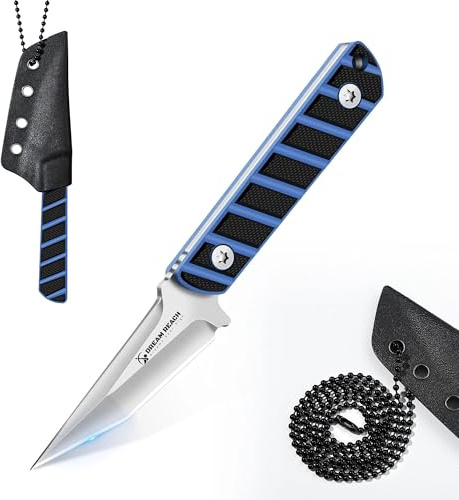 Dream Reach Neck Outdoor Knife, Full Tang EDC G10 Griff Kydex Scheide | Blau Klein Feststehend, mit Kugel Halskette, für EDC Outdoor Camping Bushcraft, Geschenk für Männer
