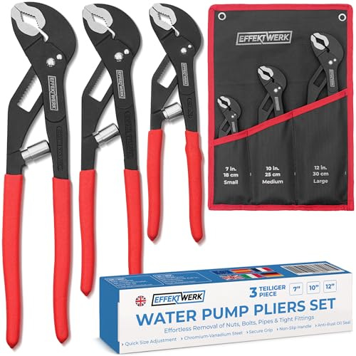 Water Pump Pliers Set 180, 250, 300 mm, Tongue and Groove Joint Pliers Tool | EffektWerk versatile 3-pc nose slip joint pliers, adjustable wrench, rust proof, strong gripping jaws, non-slip rubber handle