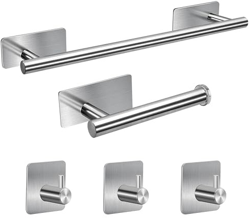 Yesaler Autoadhesivo Juego de Toallero de Baño Juego de Herrajes de Baño de Acero Inoxidable Ganchos para Bata para Baño y Cocina 5 Piezas (Plata)