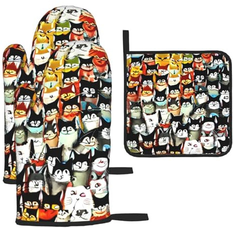 Lot de 3 gants de cuisine motif chat de dessin animé, adaptés pour la cuisine, la cuisson, la cuisson à la vapeur et les grillades