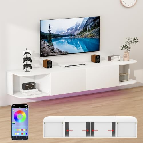 180CM LED Floating TV Stand Cabinet for 65in TV,Wall Mounted TV Stand Unit with Open Storage Space&2 Door,Modern Entertainment Center Media Console,TV Console Table for Living Room,Bedroom (White)