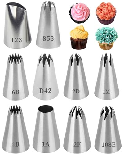 WINXMIN Set di 10 Beccucci per Sac a Poche Professionali Riutilizzabile,Per Decorare Cupcakes, Torte, Zeppole, Biscotti, Churros e Pasticceria con Bocchette Decorative Inox Prodotte in Corea