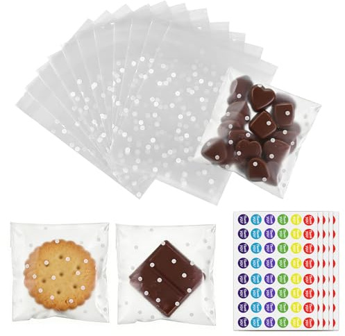 Realjoy 200Pcs Cellophane Bags, 10×10cm Clear Biscuit Bags with White Dot, Self Seal Sweet Bag with 240 Stickers, Small Plastic Treat Bag OPP for Cookie, Candy, Sweet, Chocolates