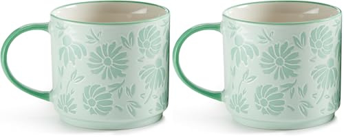 Miquelrius - Tasse en céramique décorée, tasse avec poignée, dimensions 95 x 95 x 80 mm, collection Happy Daisies, vert (Lot de 2)