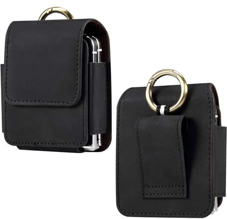 Phone Belt Holster for Samsung Galaxy Z Flip 7/6/5/4/3/2/1, Flip Phone Protective Belt Clip Holster Pouch Leather Card Holder Cellphone Bag Waist Pack Carrying Case for Motorola RAZR+ 2024 2023, Black