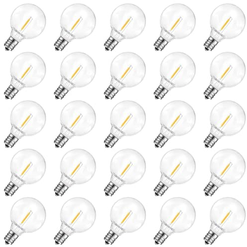 ROMANJOY G40 LED Bulbs Outdoor Solar Powered Shatterproof, 3 Volts, 25Pack | G40 Low Voltage DC 3V Bulbs with E12 Base for Solar String Light Replacement, 2700K Soft Warm Solar Bulb