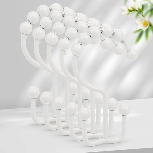 Resze Shower Curtain Hooks, Metal Double Shower Curtain Rings, White