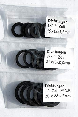 Set 15 Stück Flachdichtungen Gummidichtungen 1/2, 3/4, 1 EPDM für Sanitär, Garten, Bad, Küche, Handwerk (5 Stück je Größe) (1 Set, 19x12x1,5mm / 24x18x2mm / 30x22x2mm)