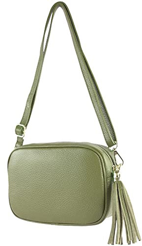 modamoda de - T240 - kleine Umhängetasche aus ital. Echtleder, Farbe:Olivgrün