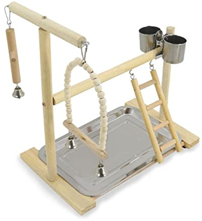 Haveratio Vogelsitz-Spielständer Schaukel Holz-Kauspielzeug Papageien Wellensittiche Käfigzubehör Edelstahl-Futterbecher Vogelspielplatz Naturholz-Sitzstangenständer mit Schüsseln